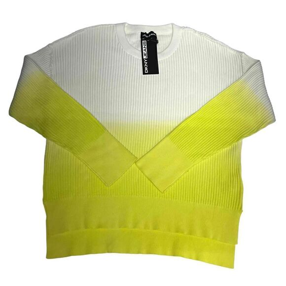 DKNY Ombre Sweater Crew Neck White Neon Yellow Green High Low Hem Large - Picture 5 of 14